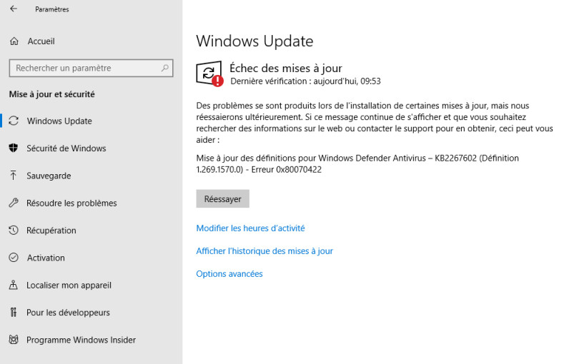 echec mise a jour windows update xp