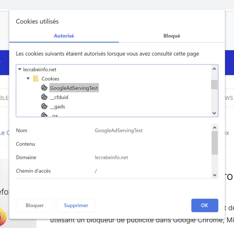 Google Chrome afficher les cookies d’un site web Le Crabe Info