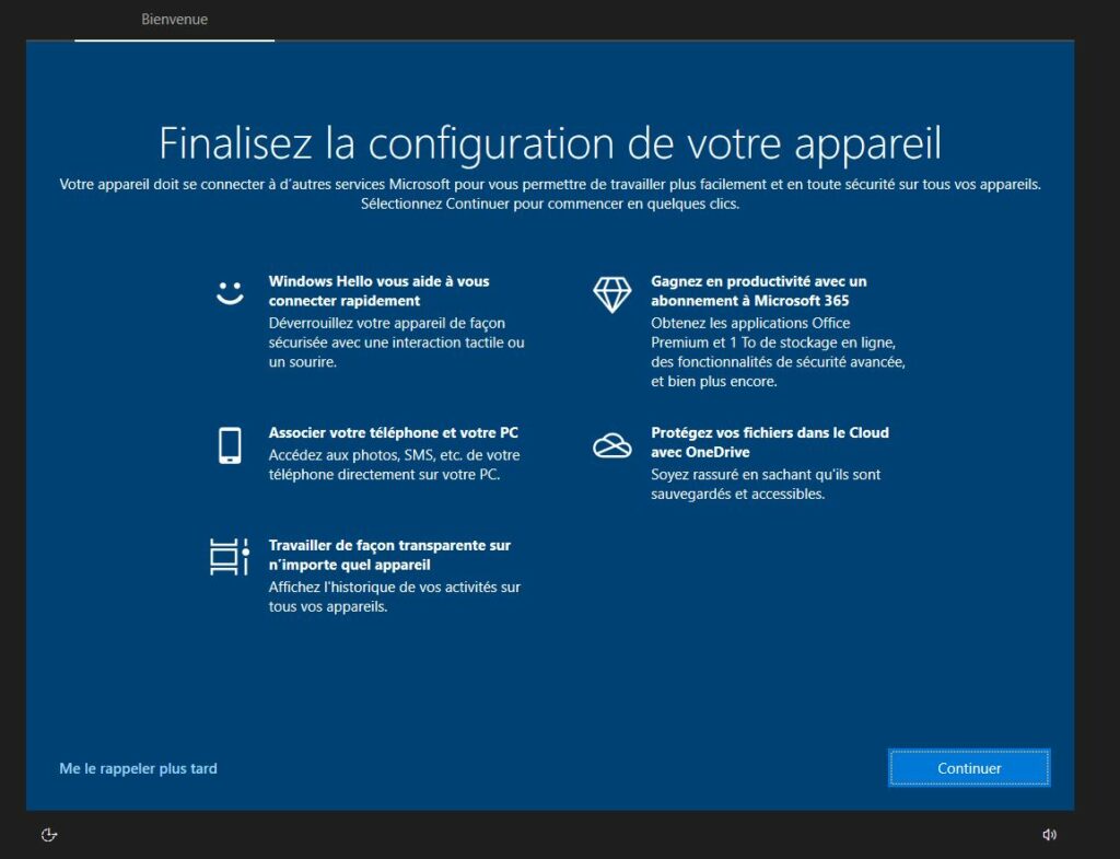 Écran bleu "Finalisez la configuration de votre appareil" sur Windows 10