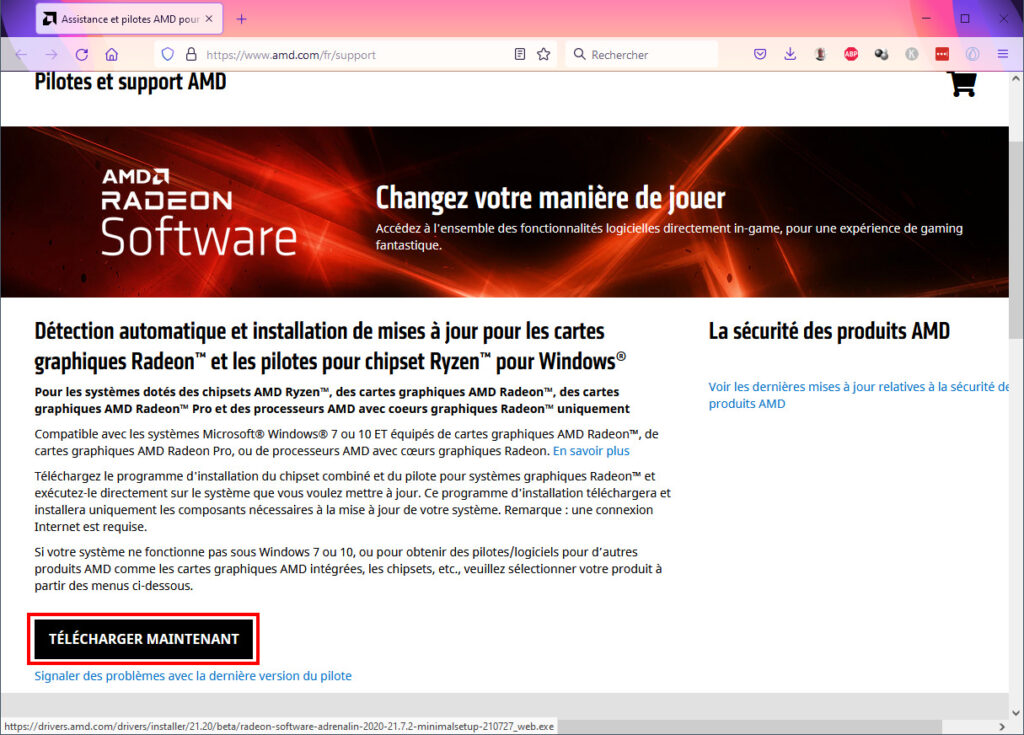 Site AMD pour télécharger l'utilitaire de détection automatique