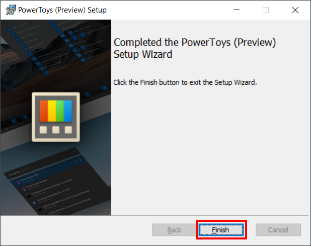 Installer PowerToys, cliquer sur Finish pour terminer l'installation