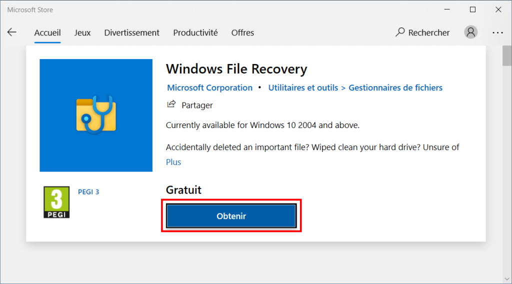 Cliquer sur obtenir pour installer Windows File Recovery
