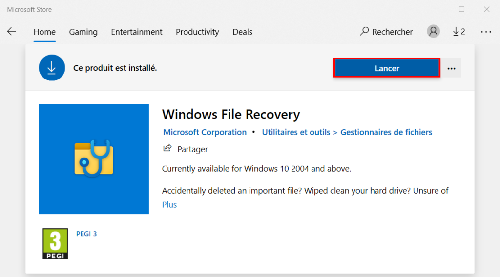 Cliquez sur lancer pour ouvrir Windows File Recovery