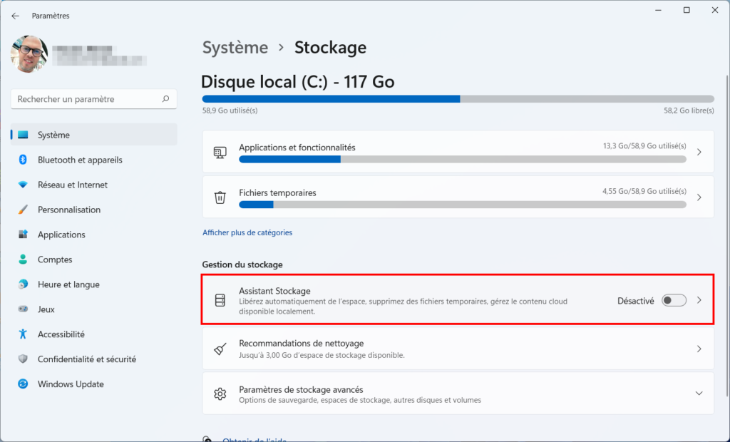 Assistant Stockage Win 11 - assistant stockage