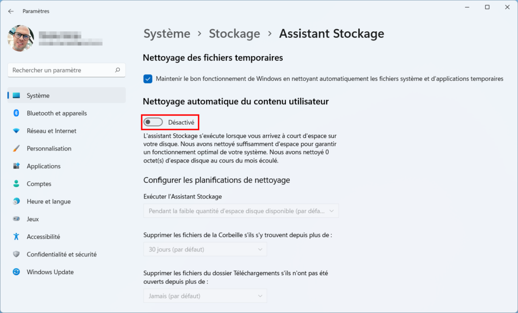 Assistant Stockage Win 11 - activer