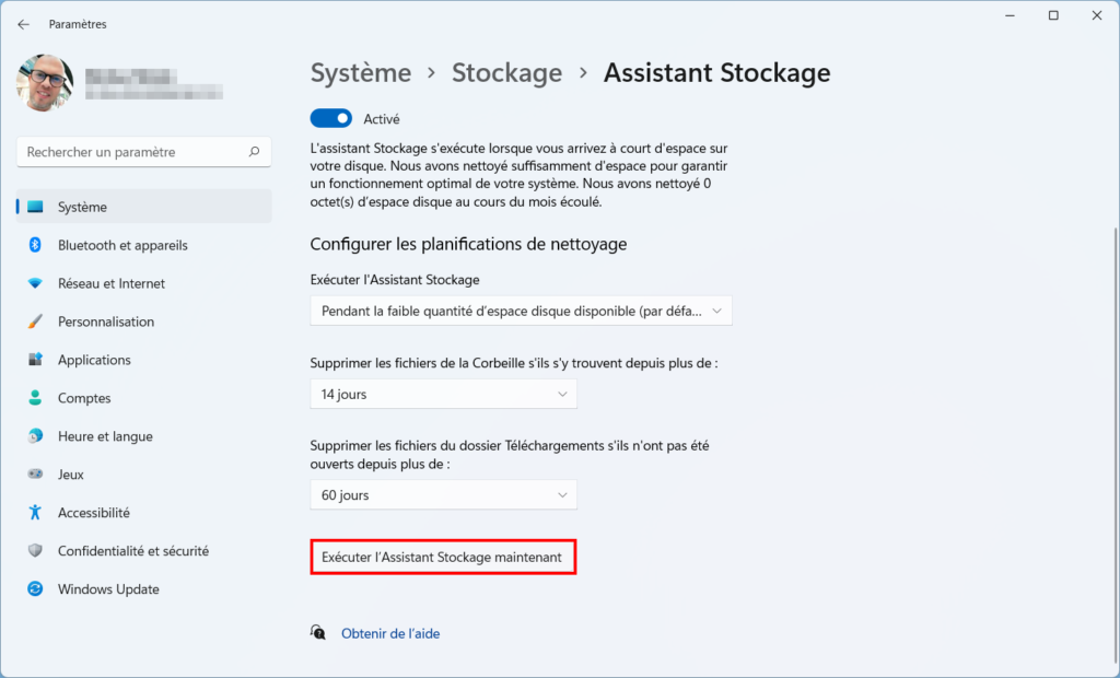 Assistant Stockage Win 11 - exécuter assistant maintenant