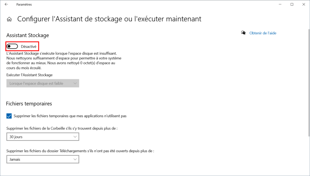 Supprimer fichiers temp win 10 - activer assistant stockage