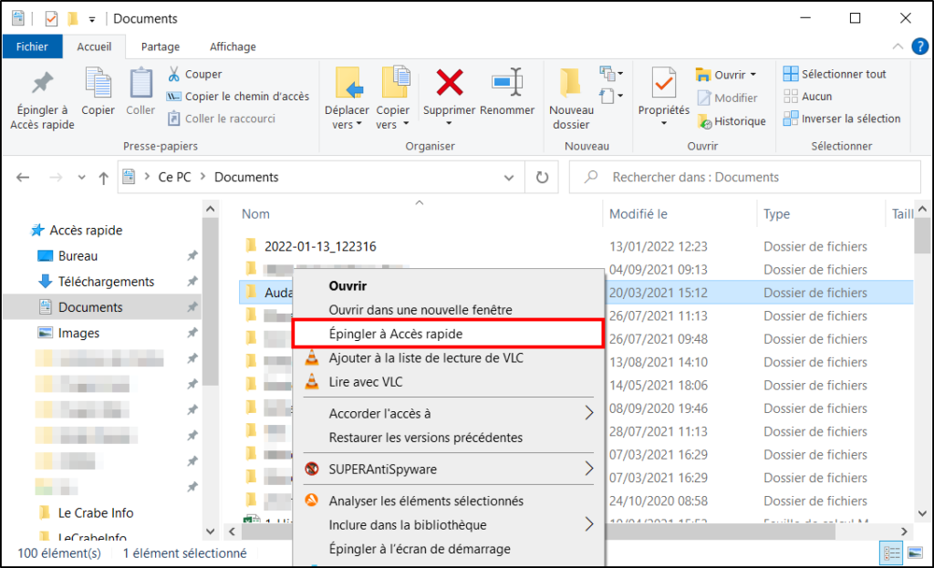 windows 10 paramétrer accès rapide - épingler le dossier