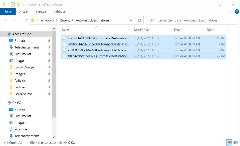 windows 10 paramétrer accès rapide - tout sélectionner et supprimer