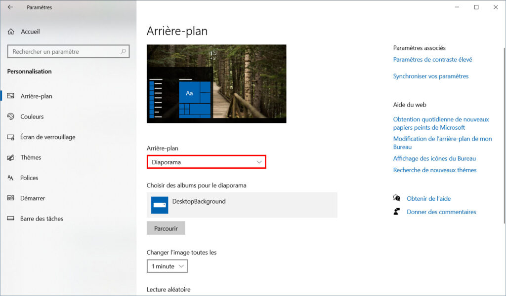 Windows 10 Thème - cliquer sur Diaporama