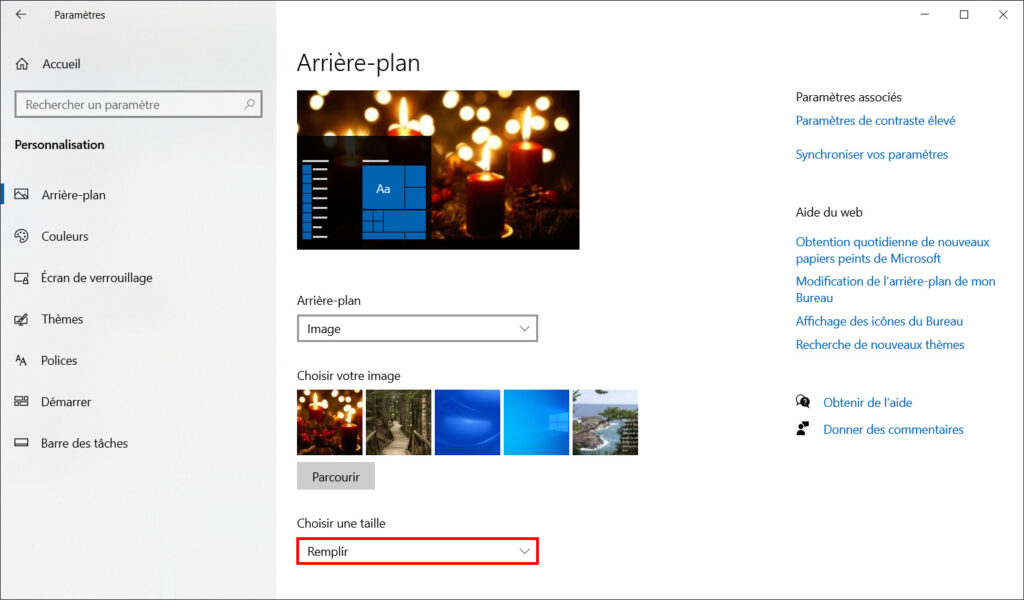 Windows 10 Thème - cliquer remplir