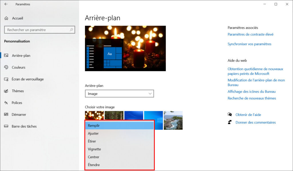 Windows 10 Thème - options de remplissage