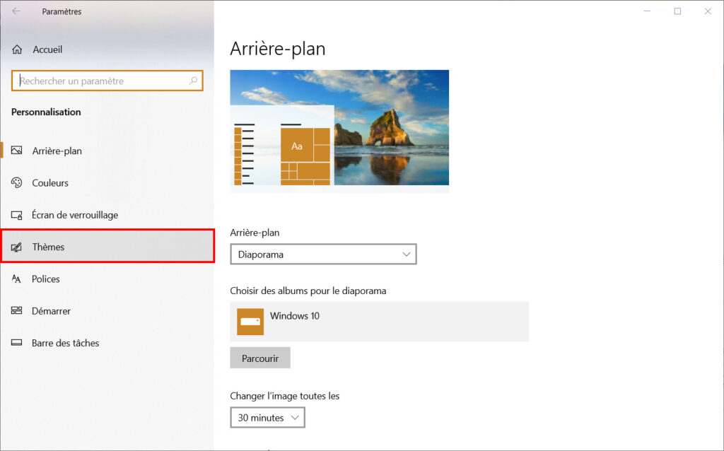 Windows 10 thème - Paramètres Personnalisation Thèmes