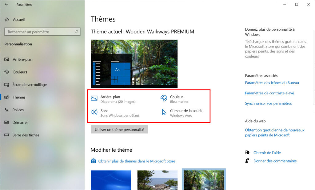 Windows 10 personnaliser thème - 4 champs de personnalisation