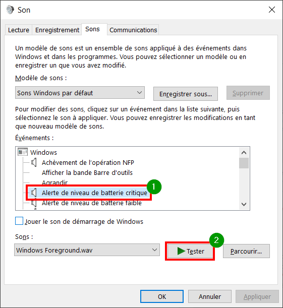Windows 10 personnaliser thème - niveau batterie critique tester