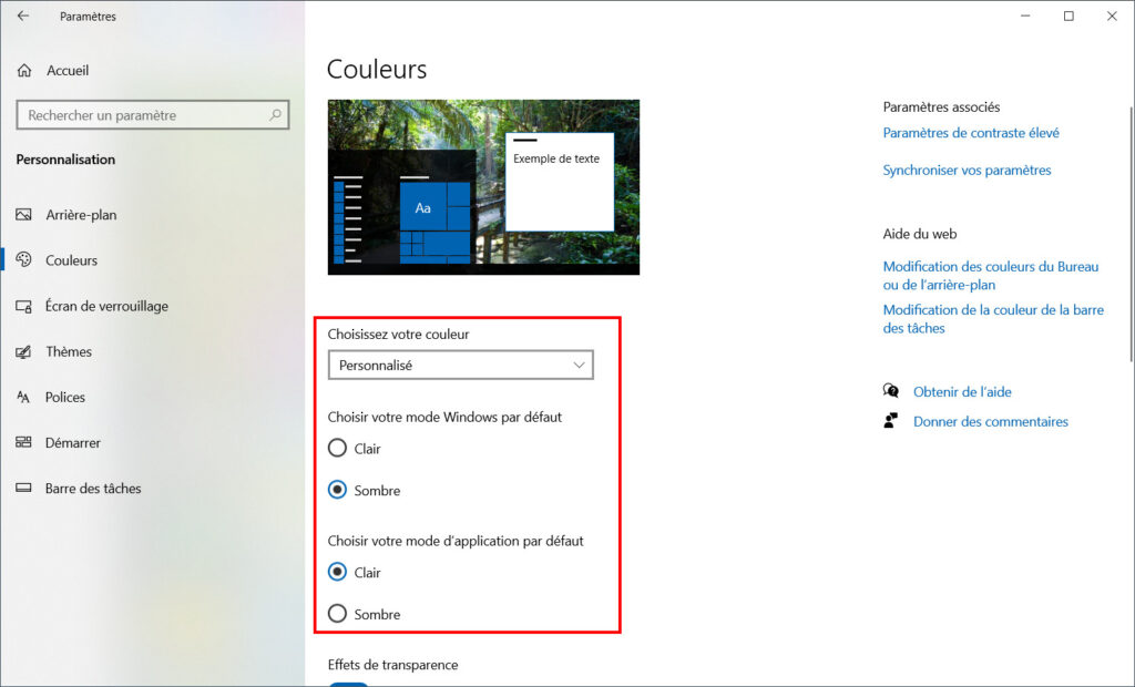 Windows 10 personnaliser thème - clair sombre windows et applications