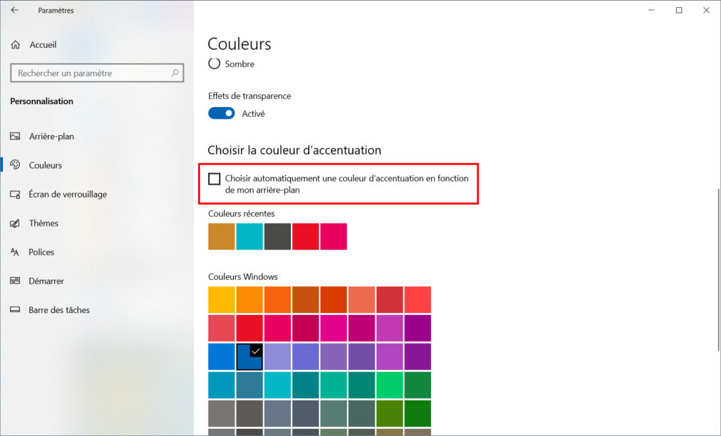 Windows 10 personnaliser thème - couleur d'accentuation automatique