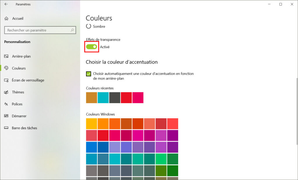 Windows 10 personnaliser thème - nouvelle couleur accentuation