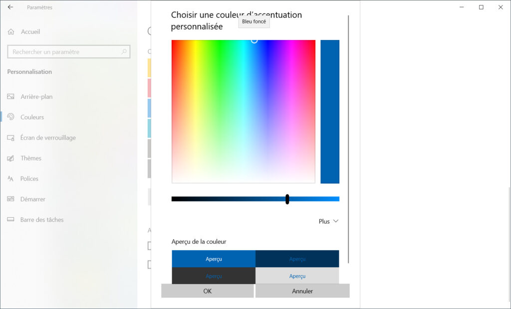 Windows 10 personnaliser thème - nuancier couleurs