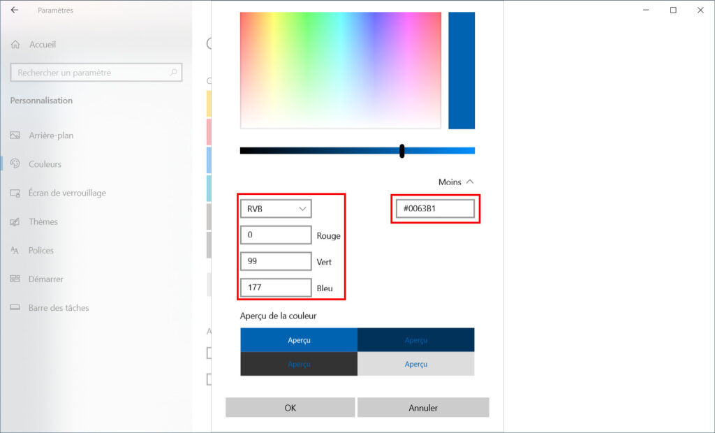 Windows 10 personnaliser thème - couleur code HTML ou RVB