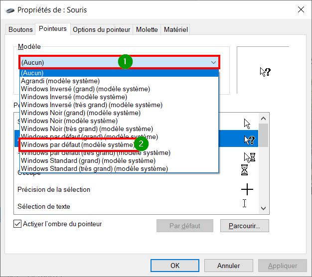 Windows 10 personnaliser thème - différents modèles curseur