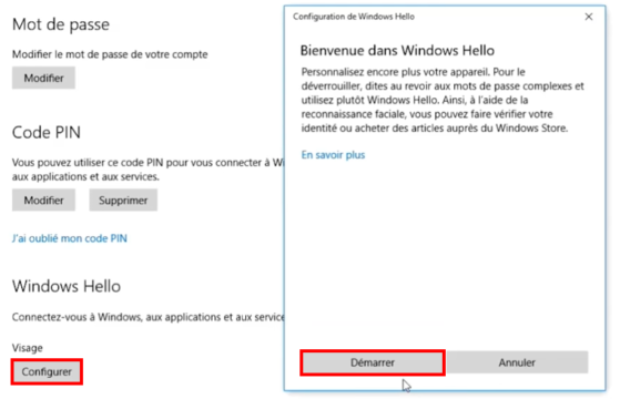 configurer Windows Hello (code PIN, empreinte digitale, visage)