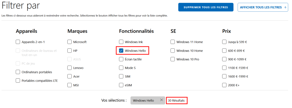Windows Hello - Liste Microsot Windows Hello compatible