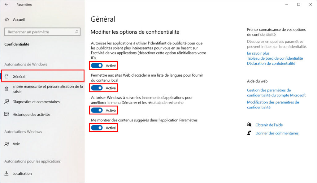 Windows 10 confidentialité - Général