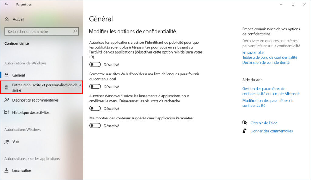 Windows 10 confidentialité - Entrée manuscrite