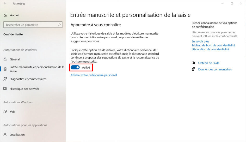 Windows 10 confidentialité - désactiver entrée manuscrite
