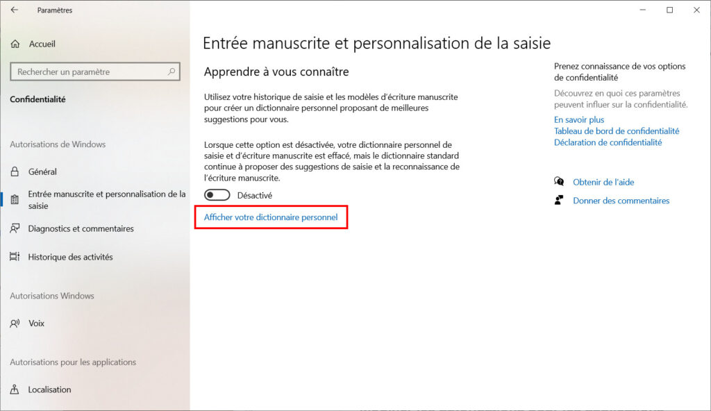 Windows 10 confidentialité - entrer dictionnaire personnel