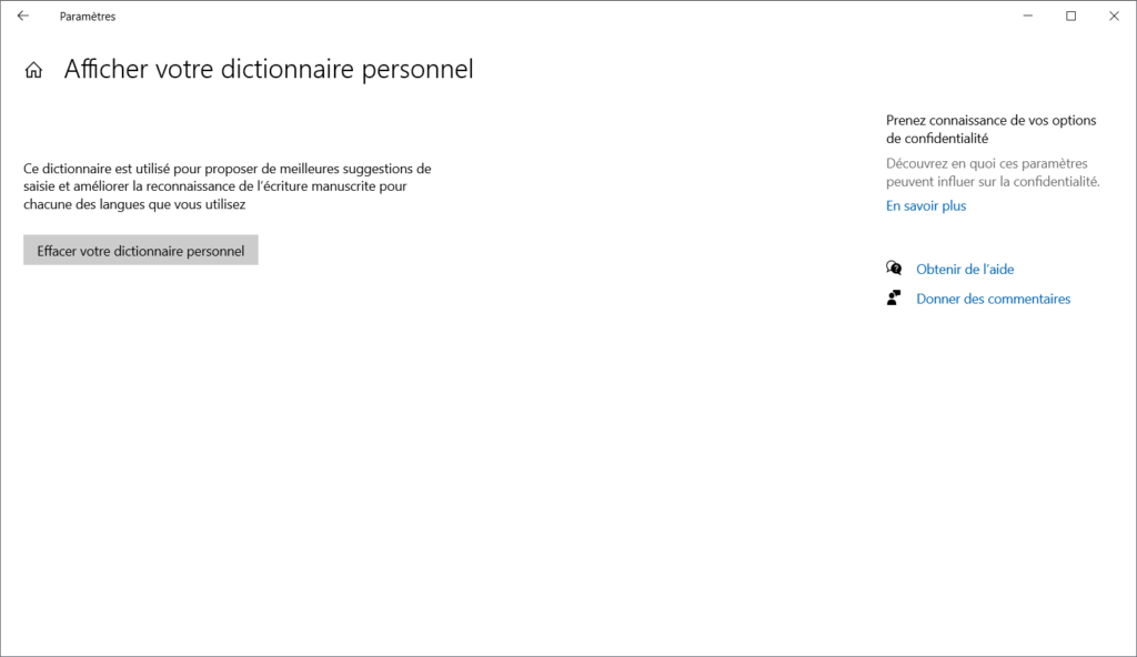 Windows 10 confidentialité - dictionnaire personnel vide