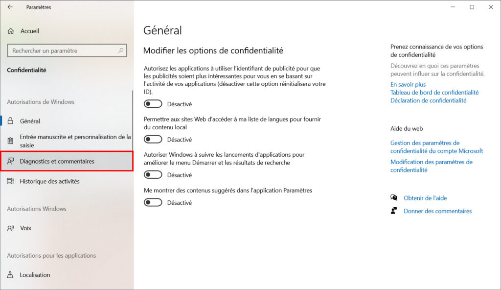 Windows 10 confidentialité - Diagnostics et commentaires