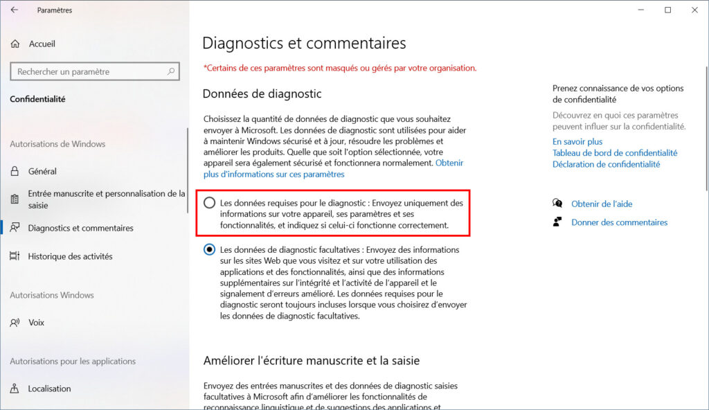 Windows 10 confidentialité - Données diagnostic requises