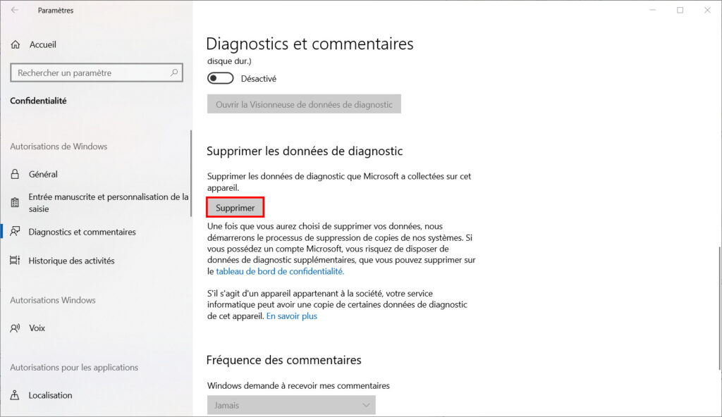 Windows 10 confidentialité - Supprimer les données