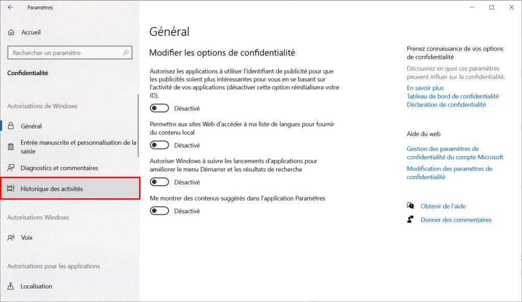 Windows 10 confidentialité - Historique des activités