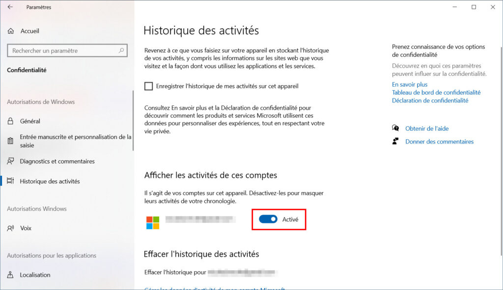 Windows 10 confidentialité - Désactiver afficher activité compte