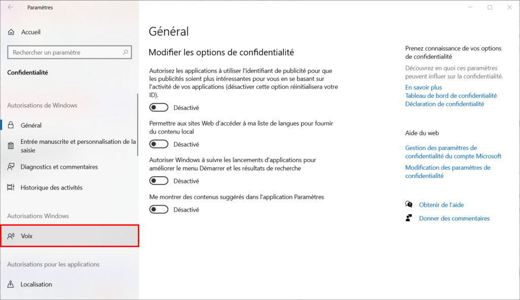 Windows 10 confidentialité - Entrer dans Voix
