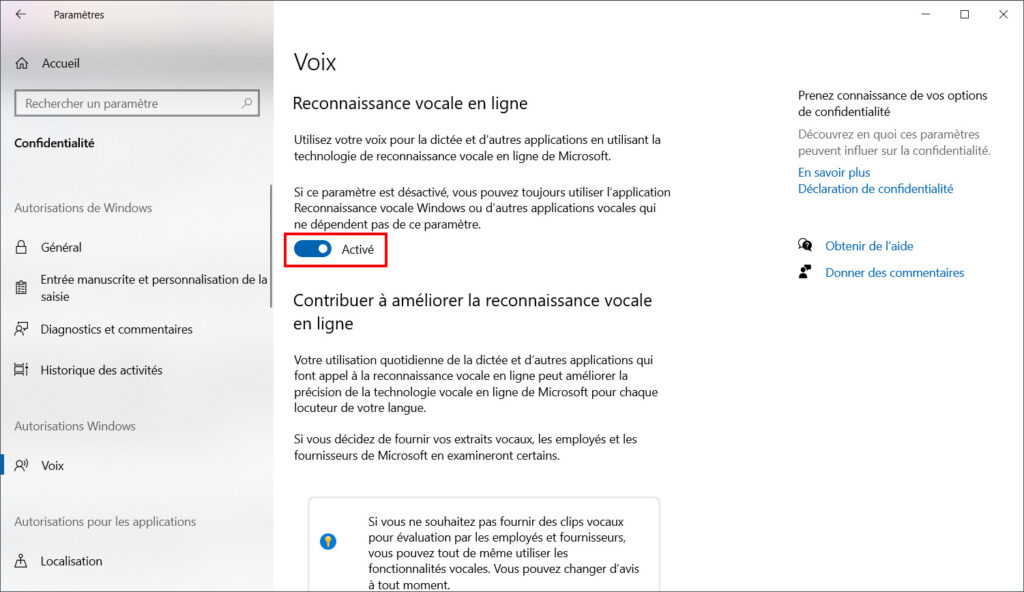 Windows 10 confidentialité - Désactiver Voix