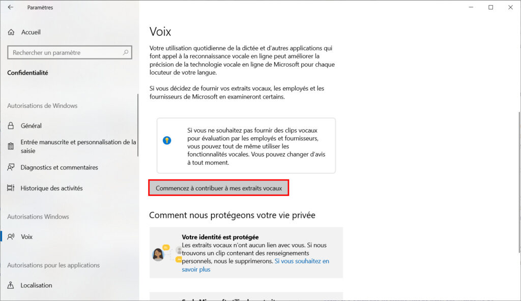 Windows 10 confidentialité - Contribuer aux extraits vocaux