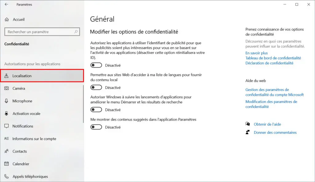 Windows 10 confidentialité - Localisations