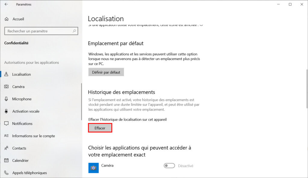 Windows 10 confidentialité - Effacer historique localisations
