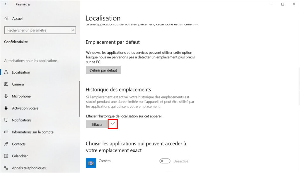 Windows 10 confidentialité - Validation effacement historique localisations
