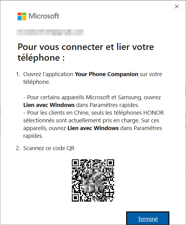 Associer téléphone et Windows - scanner le QR code