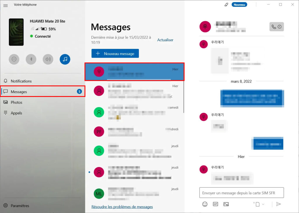Mobile connecté SMS - consulter conversation