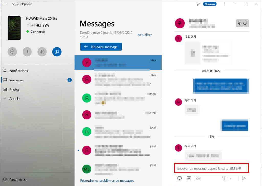 Mobile connecté SMS - cliquer sur envoyer un message