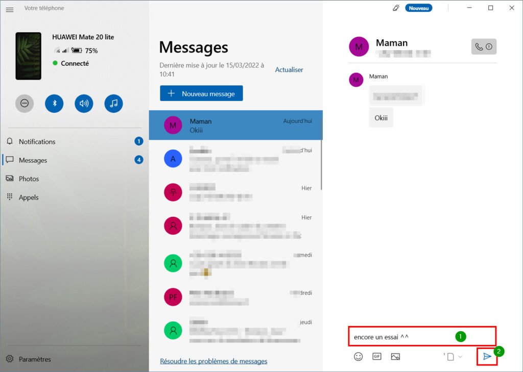 Mobile connecté SMS - écrire message et envoyer