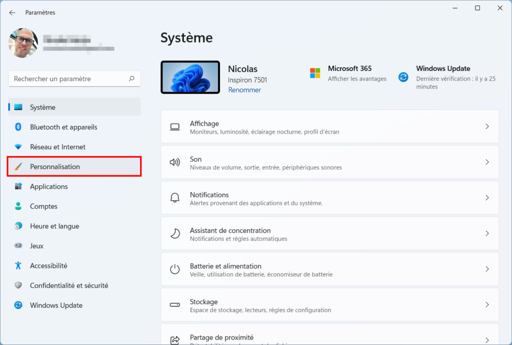 Windows 11 installer thème - Paramètres Personnalisation