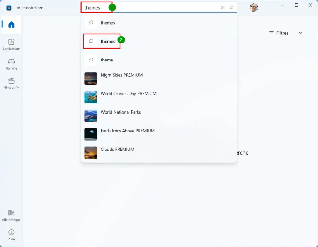 Windows 11 installer thème - taper thèmes et cliquer