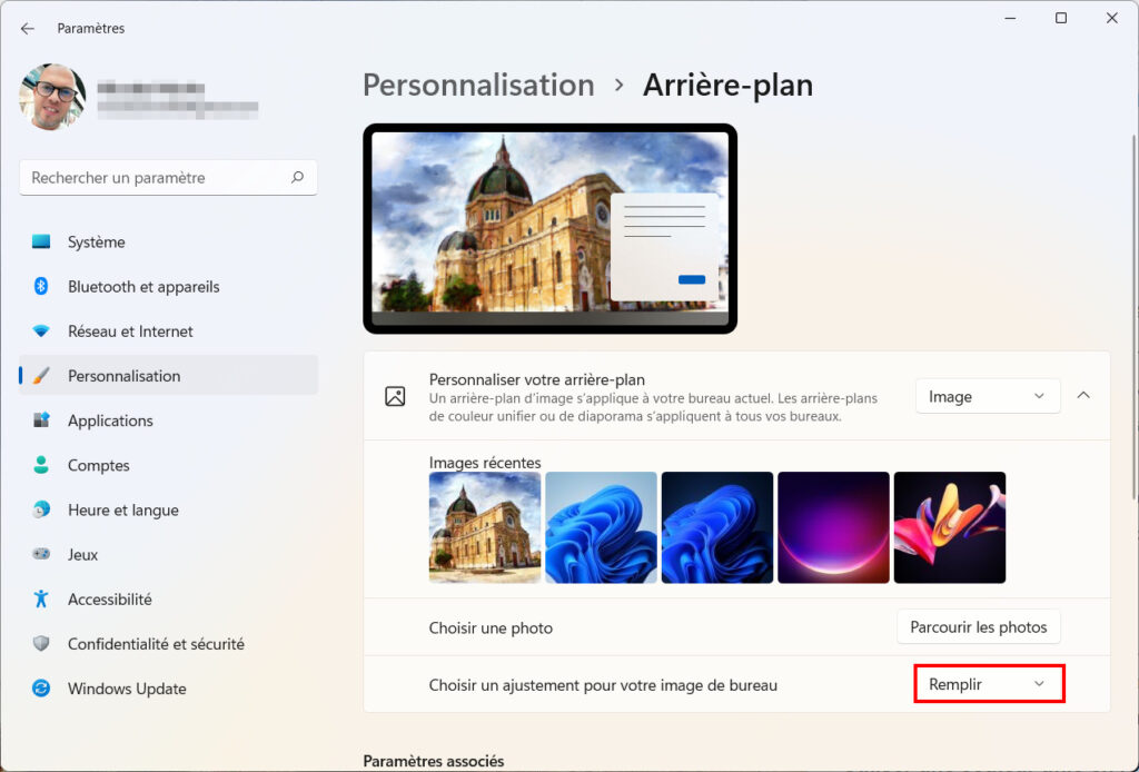 Windows 11 Personnaliser thème - Ajuster l'image de bureau